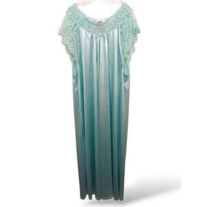 Vtg Nightgown Long Plus Sz 4X Aqua Blue Satin Lace Trim Sexy Romantic Coquette